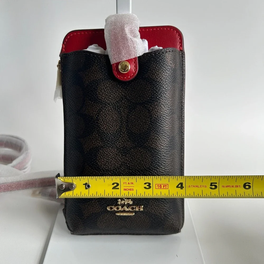 Coach North South Phone Crossbody Walnut Red Signature Canvas C6884 Like New